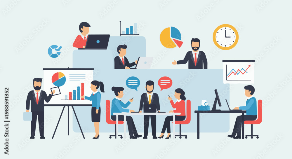 Obraz premium Business meeting with charts, graphs, and people collaborating