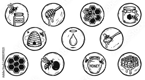 Set of Honey and Bee Related Hand Drawn Icons