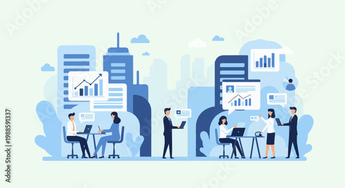 Diverse professionals collaborating, analyzing data, and discussing ideas in a modern cityscape