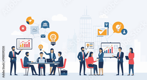 Colleagues collaborate in office settings, presenting data, ideas, and strategies