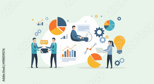 Business professionals collaborate on data, charts, and ideas with laptops and a bright lightbulb