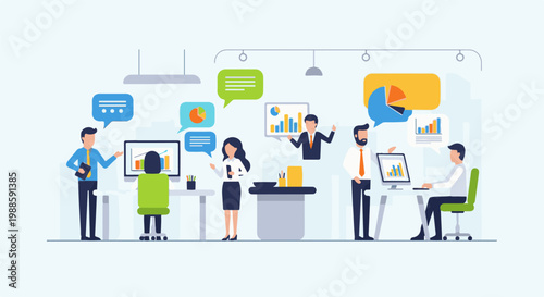 Professionals collaborate in a modern office, discussing data and graphs
