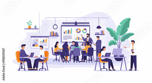 Diverse individuals collaborate and present data in a modern office meeting