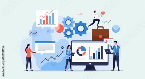 Business professionals analyze charts, graphs, and data, with gears symbolizing workflow
