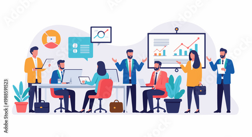 Diverse professionals collaborate in a meeting room, analyzing charts and data for business growth strategies