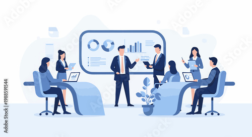 Business professionals collaborate in a meeting, presenting data and ideas