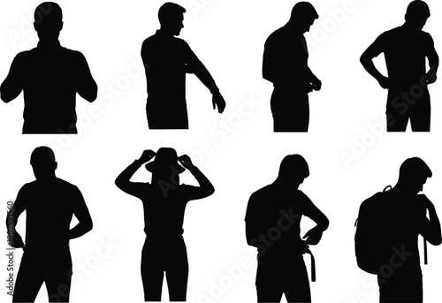 People silhouette set, man getting dressed, fixing belt, wearing backpack, woman putting on hat, casual lifestyle daily routine vector elements.