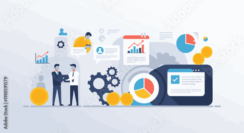 Business growth illustration with charts, coins, gears, and people collaborating