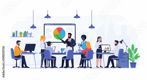 Diverse team in office meeting analyzing pie chart, discussing business strategy, and working on computers