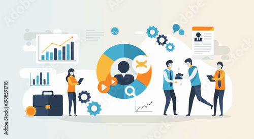 Flat illustration of people interacting with data charts, pie charts, and business elements
