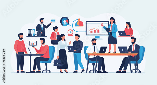 Busy office workers collaborating and analyzing data on computers