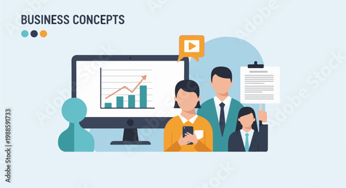 Business team analyzing growth chart on monitor with video icon and document