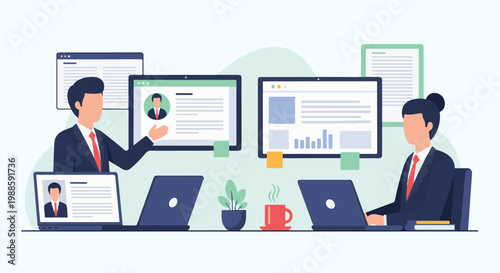 Colleagues collaborate on projects using laptops and digital screens in a modern office setting