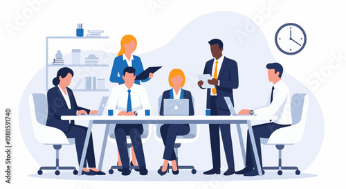 Diverse professionals collaborate at a modern office meeting table