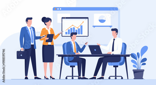 A team of professionals in business attire collaborate in an office setting, discussing charts