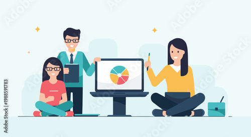 Three people, two women and one man, are gathered around a laptop displaying a pie chart, engaged in discussion