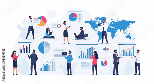 Diverse professionals collaborate on global data analysis, using charts, laptops, and world map