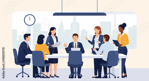 Professionals collaborate around a table in a modern meeting room