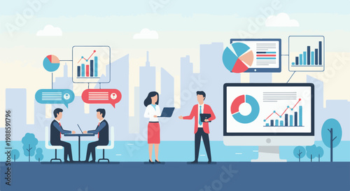 Business professionals collaborate and analyze data with charts, graphs, and laptops