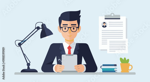 A man in a suit and glasses sits at a desk with a lamp, papers, and books