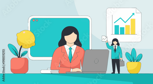 Two women in suits at desks, one with a laptop and one presenting a graph
