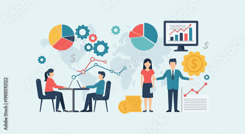 Business meeting with charts, graphs, and financial symbols indicating growth and data analysis