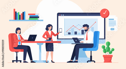 Diverse team collaborates on data analysis, presenting insights on a large screen