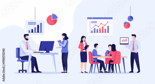 Professionals collaborating on data analysis in a modern office setting