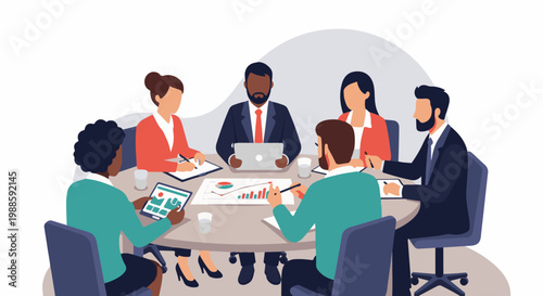 Diverse group collaborates around a table, analyzing charts and using digital devices for a business meeting