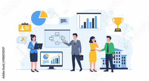 Business team collaborates on charts, graphs, and organizational structures for success
