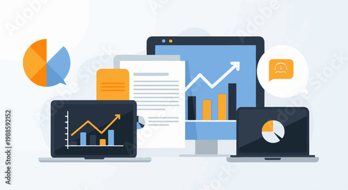 Digital analytics displaying growth charts, graphs, and data reports on screens
