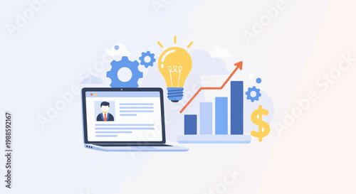 Digital analysis and growth with laptop, idea, and financial chart