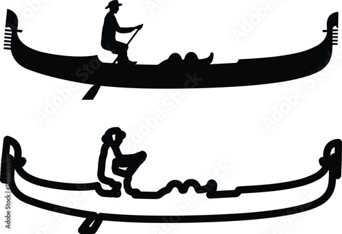 Two gondolas with rowers silhouetted against white background stock vector illustration