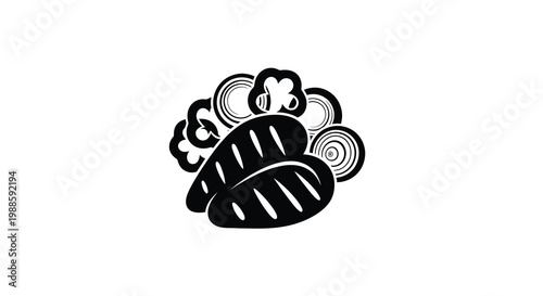 A black and white illustration depicts a cluster of stylized mushrooms with swirling details high quality