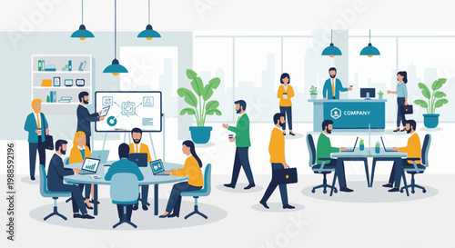 Office meeting with people collaborating on projects and discussing ideas at desks