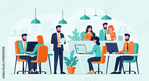 Diverse professionals collaborate in a modern, open-plan office space, working on laptops and computers