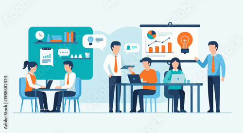 Team meeting, brainstorming session, presentation with charts and lightbulb