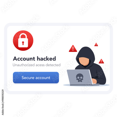 Account hacked security alert screen. vector illustration