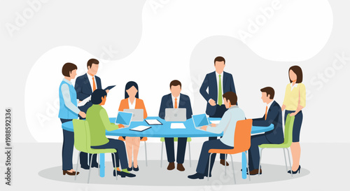 Diverse professionals collaborate around a bright blue meeting table, engaged in discussion and using laptops