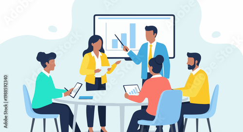 Diverse team collaborates in meeting room with charts on screen