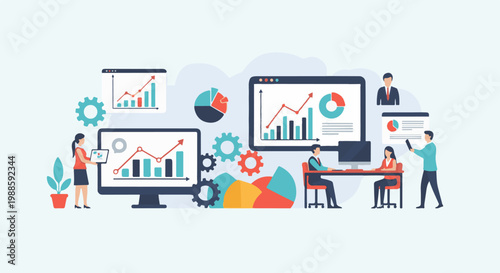 Diverse individuals collaborating on data analysis, displaying charts, graphs, and gears on screens in a modern office