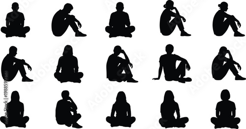 Sitting people silhouette set, man and woman sitting on floor, pensive poses, cross legged, sad lonely figures, thoughtful audience vector.