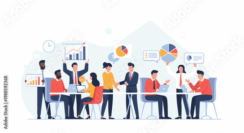 Diverse team collaborating in a meeting room, presenting charts and data