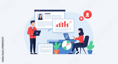 Two professionals analyze data and charts on computer screens in an office