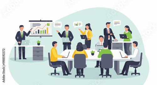 Business team collaborating around a table with a presenter at a whiteboard, discussing graphs and charts