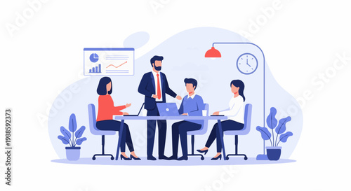 Diverse team collaborates around a table in a modern office setting, analyzing charts