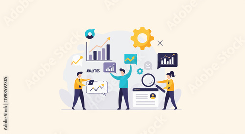 People analyze data and graphs with magnifying glass, gear and chat bubbles