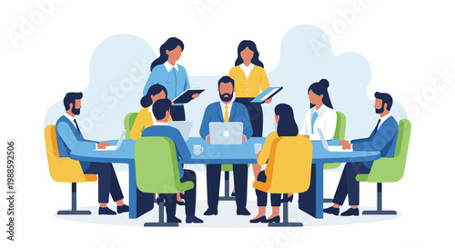 Diverse professionals collaborate around a modern conference table in a stylized illustration