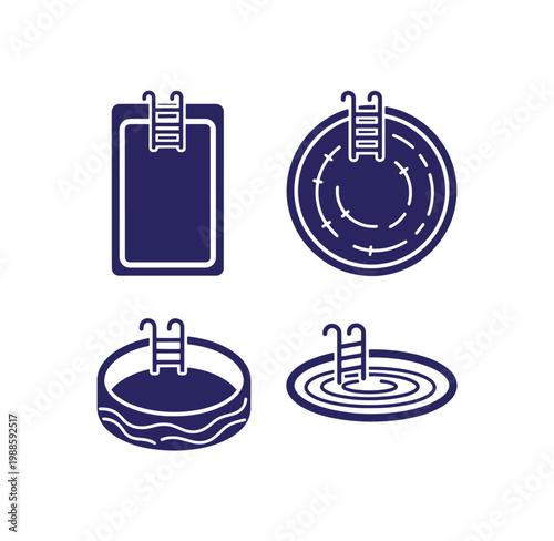 Four blue swimming pool icons with ladder on white background