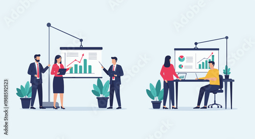 Professionals in an office setting discussing business growth through charts and graphs